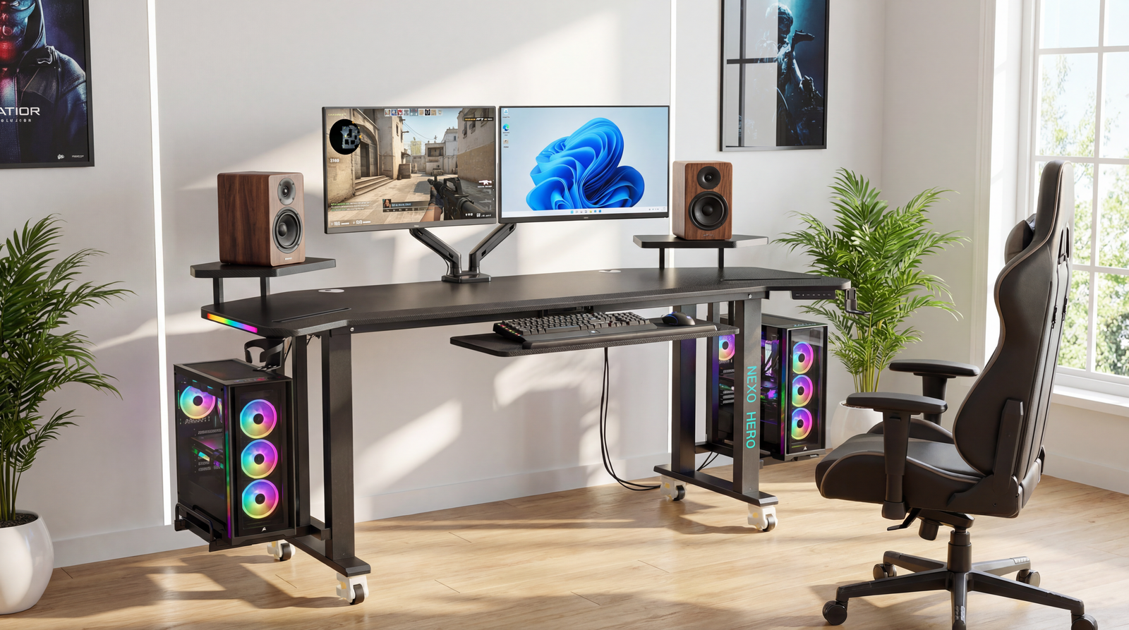 NEXOHERO Desk Pro 4-leg electric gaming desk with dual monitors and RGB lighting